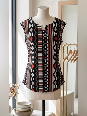 Calvin Klein Dressy Geometric Sleeveless Top - Size M - Black Red White